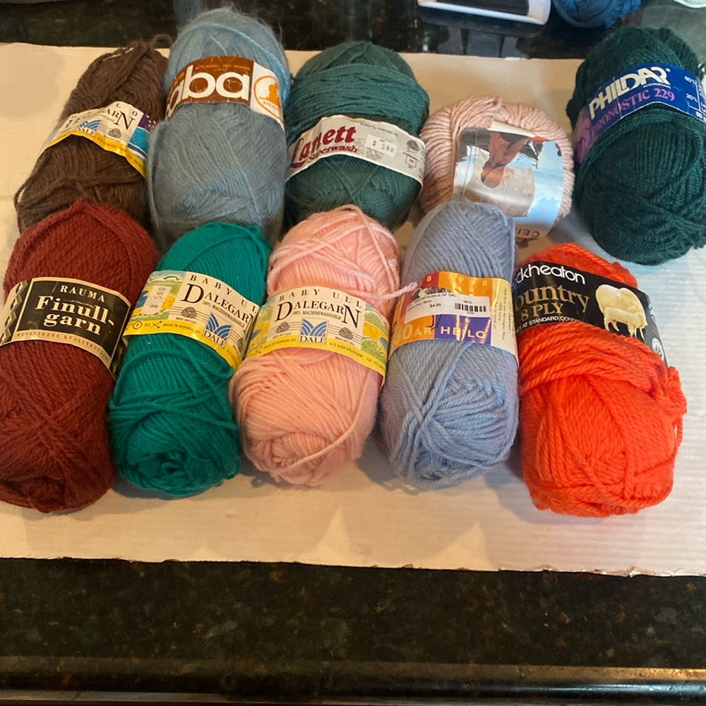 NWT & Vintage 10 skeins various brands & color yarns, 100% Wool, one Acrylic